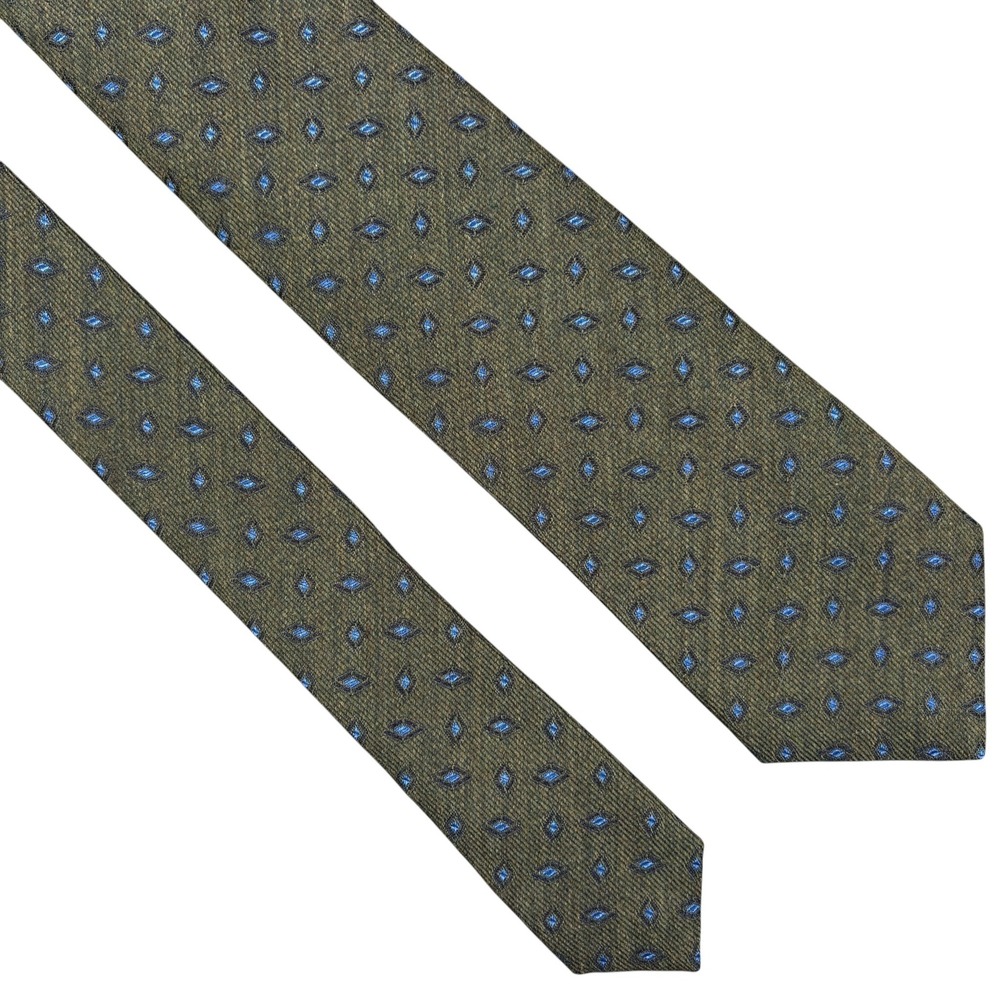 ISAIA 7 Fold Silk Wool Blend Tie Olive Green Blue Diamond Woven Necktie Italy